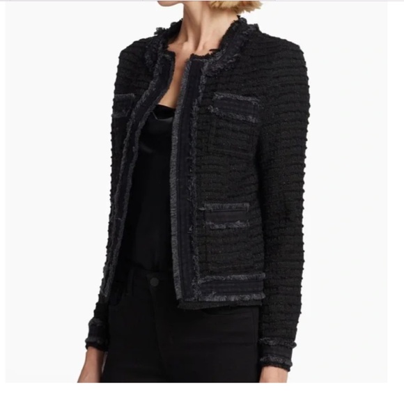 L'AGENCE Agnes Tweed Jacket in Black Wash, Size Small, Made in USA, Denim Fringe - Picture 12 of 12